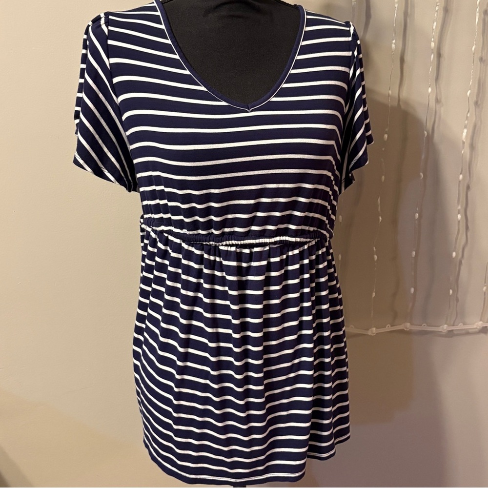 Isabel Maternity Navy and White Striped Flutter Sleeve Top